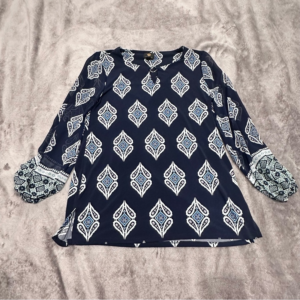 3/$15 JM Collections Navy Blue Patterned Women's Long Tunic Top